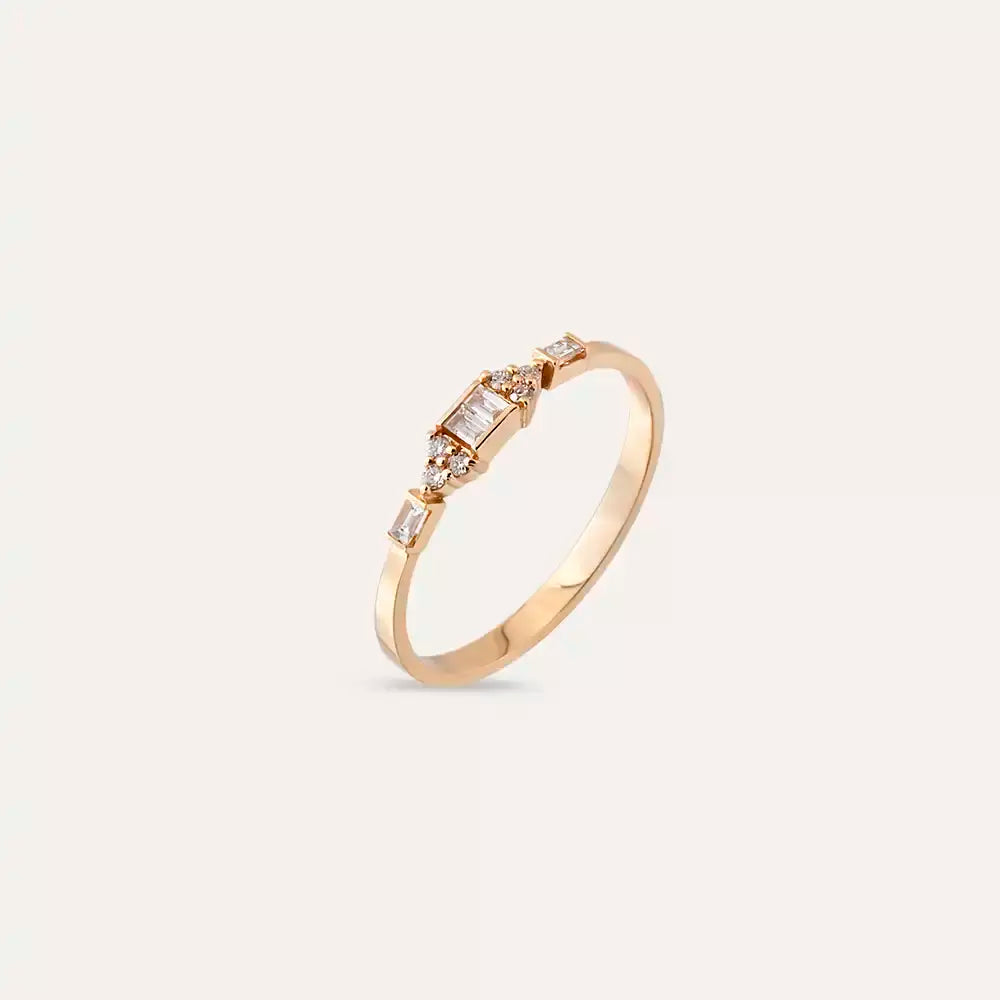 0.14 CT Baget Pırlanta Taşlı Rose Altın Yüzük