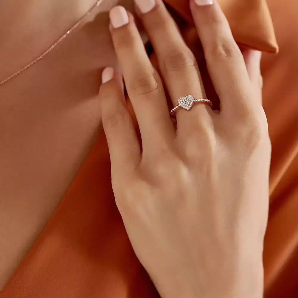 Eros 0.15 CT Pırlanta Taşlı Rose Altın Kalp Yüzük