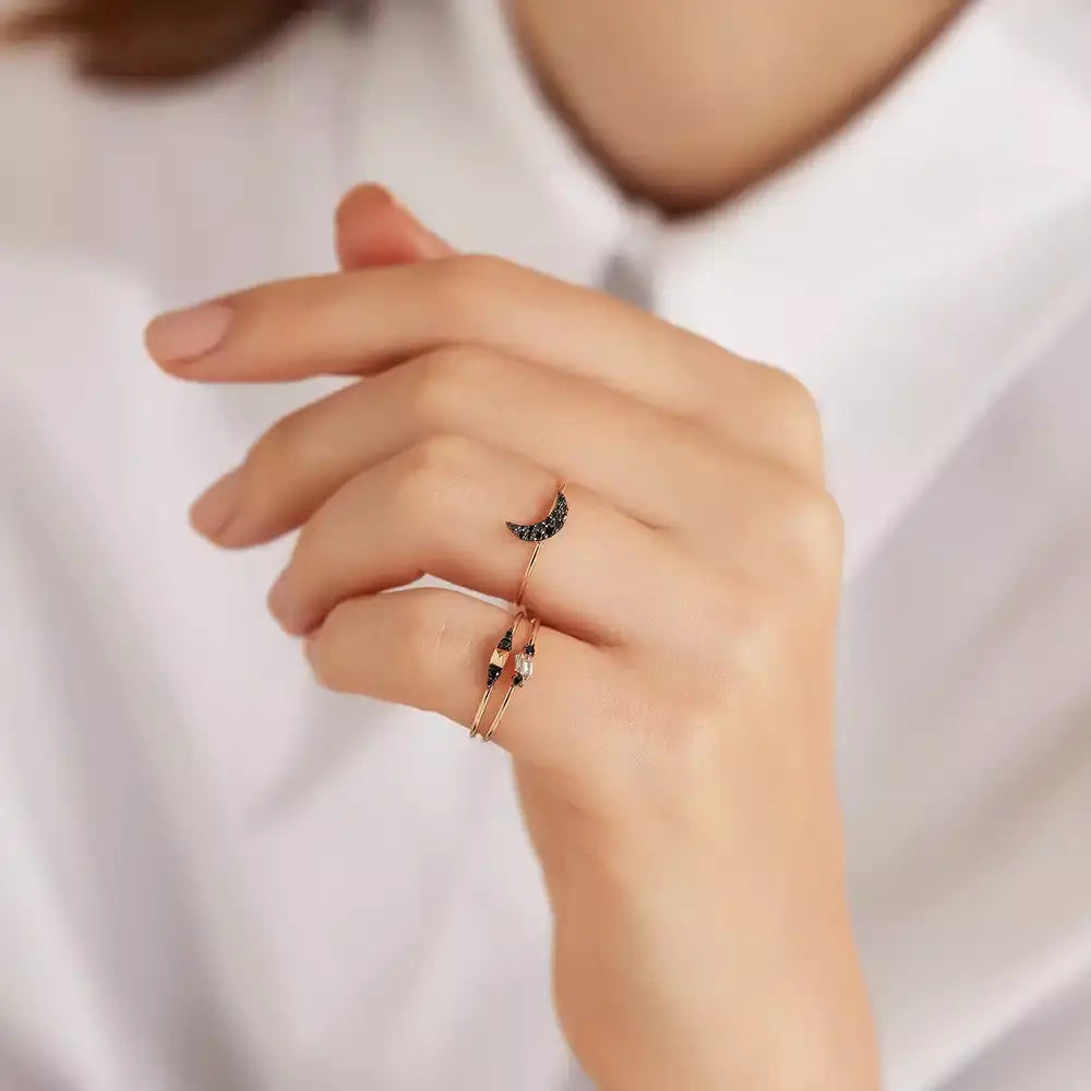 Mona 0.16 CT Siyah Pırlanta Taşlı Rose Altın Yüzük