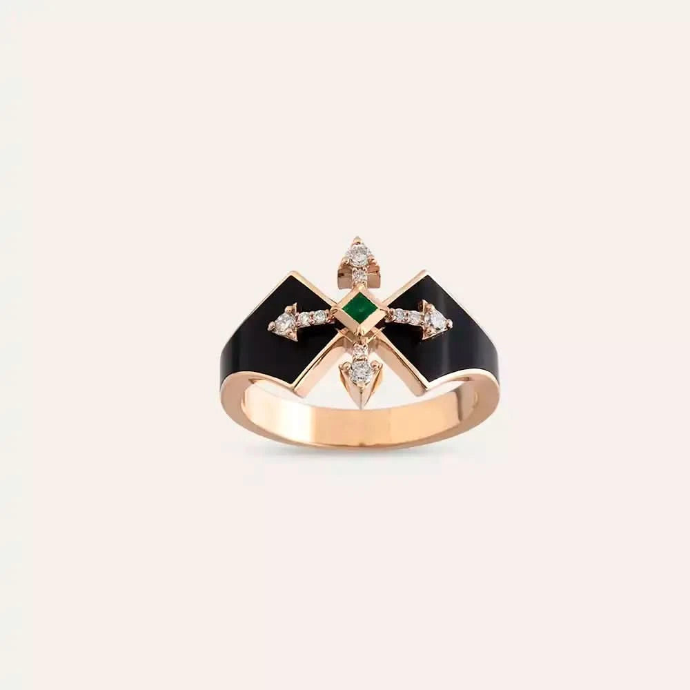 0.18 CT Zümrüt ve Pırlanta Taşlı Siyah Mineli Rose Altın Yüzük