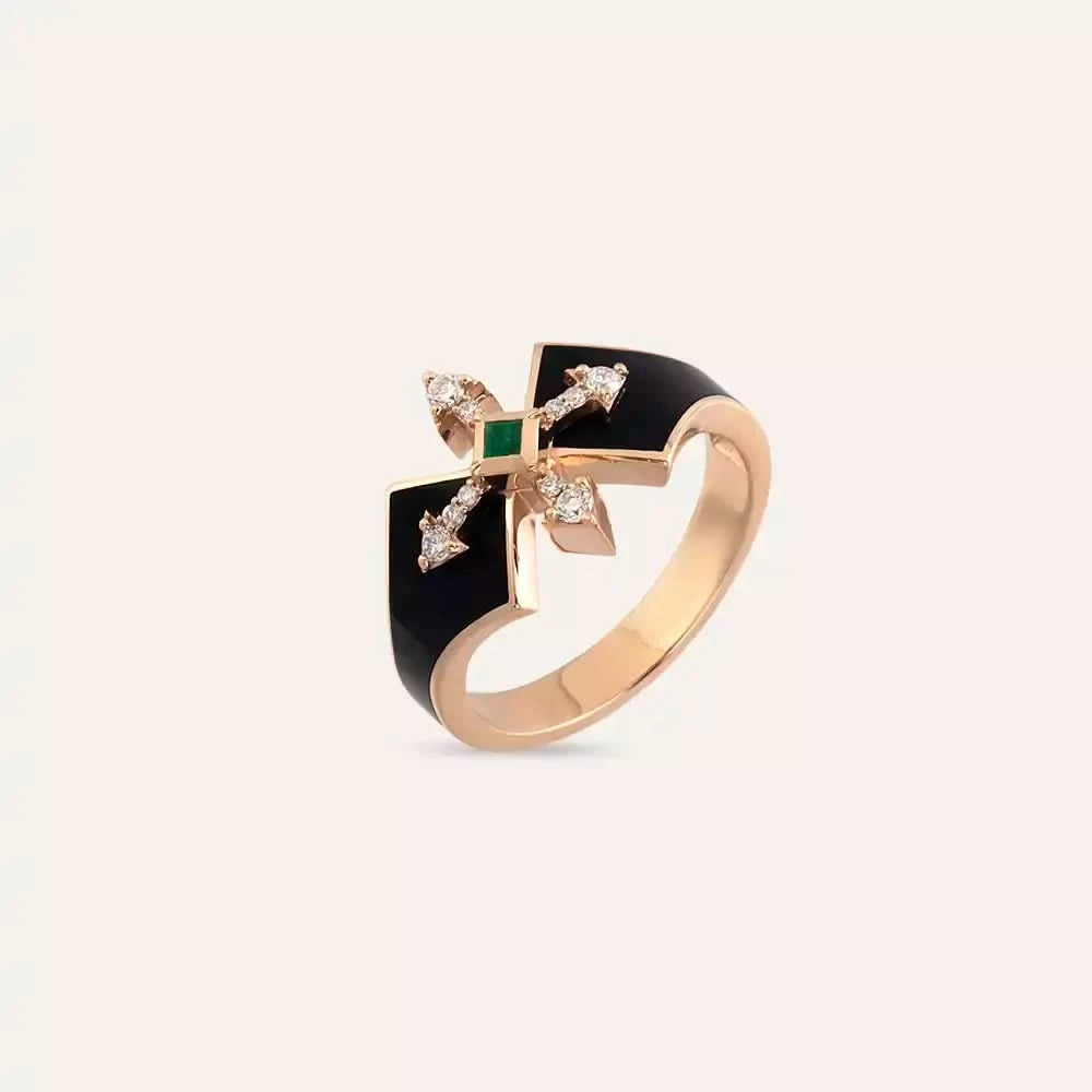 0.18 CT Zümrüt ve Pırlanta Taşlı Siyah Mineli Rose Altın Yüzük