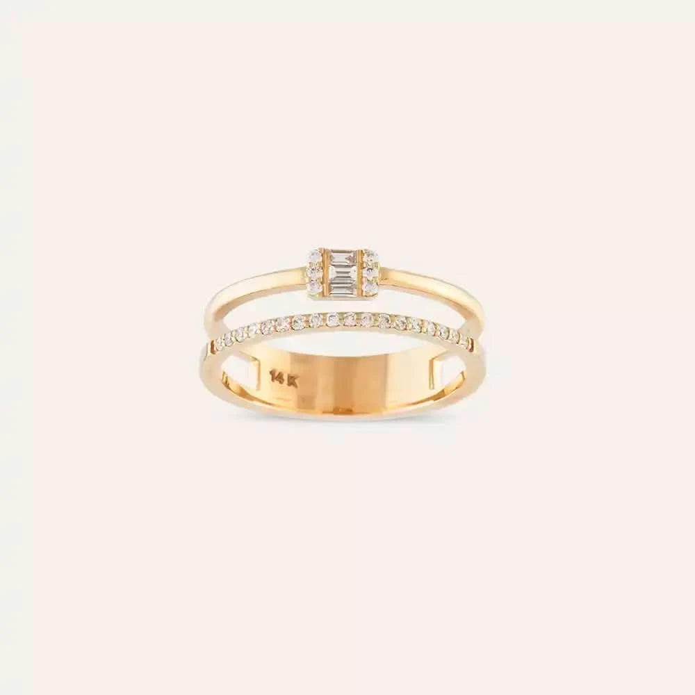 0.19 CT Baget Pırlanta Taşlı Yarımtur Çift Sıra Yüzük