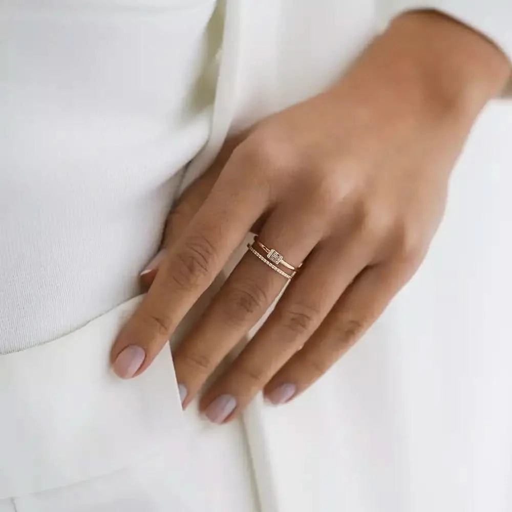 0.19 CT Baget Pırlanta Taşlı Yarımtur Çift Sıra Yüzük