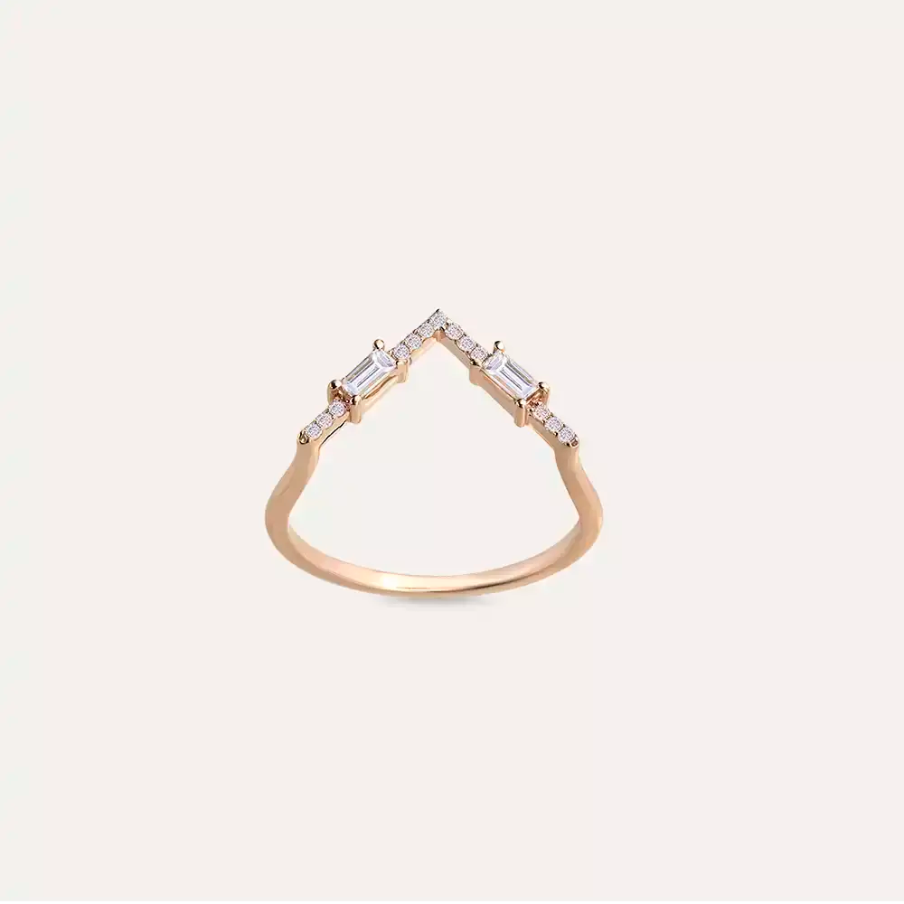 0.25 CT Baget Pırlanta Taşlı Rose Altın V Yüzük