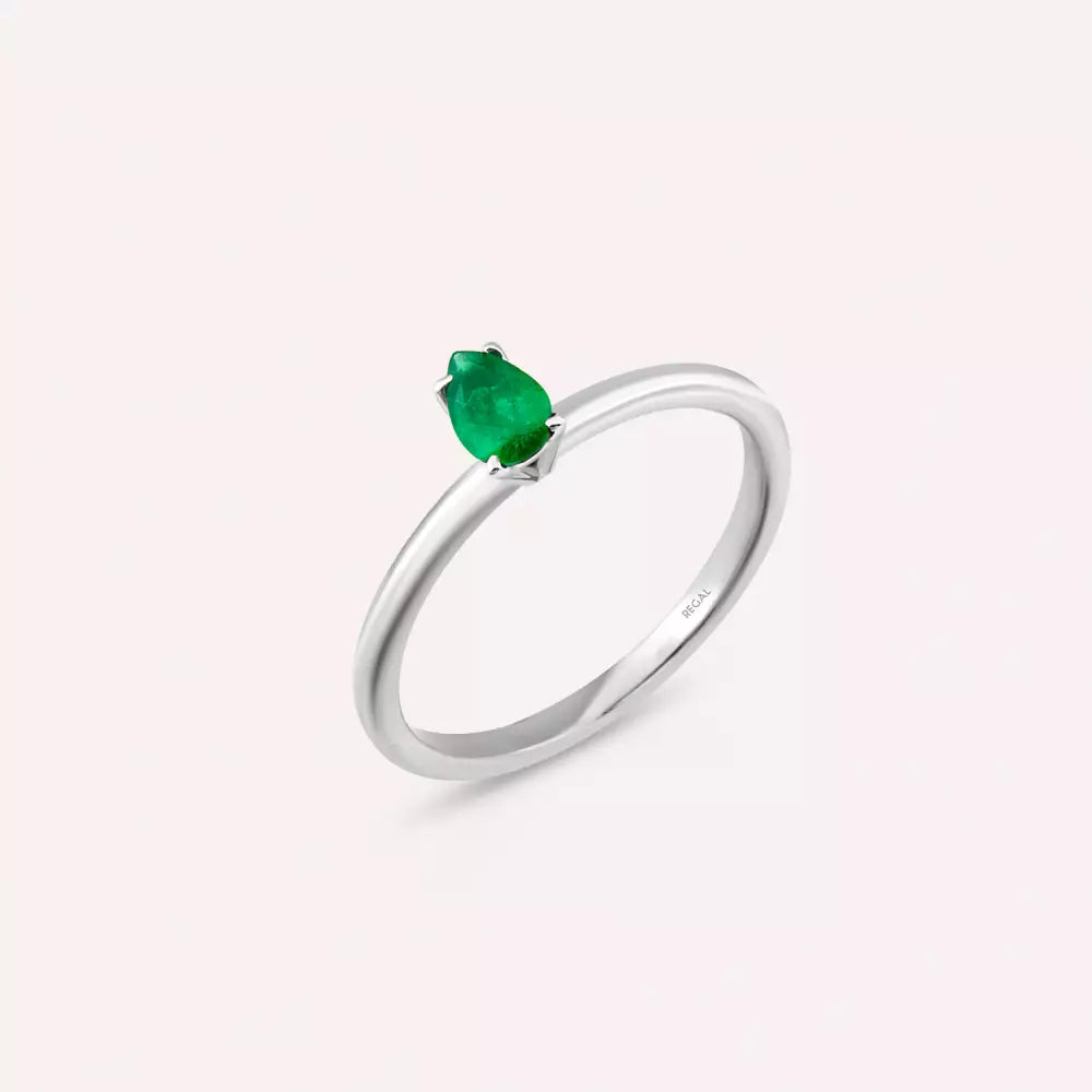 0.25 CT Damla Kesim Zümrüt Taşlı Beyaz Altın Yüzük