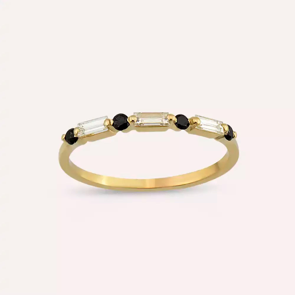 0.25 CT Siyah Pırlanta ve Baget Pırlanta Taşlı Sarı Altın Yüzük