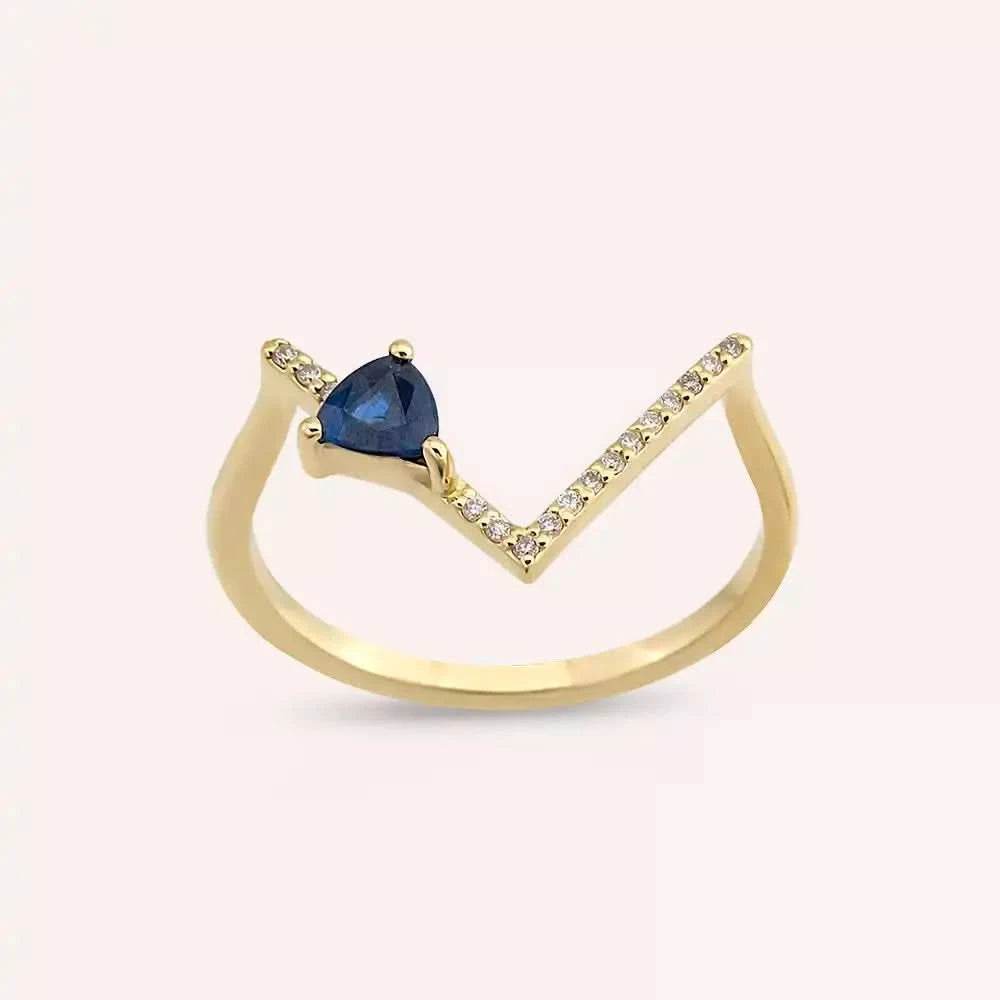 0.32 CT Pırlanta ve Safir Taşlı Sarı Altın V Yüzük