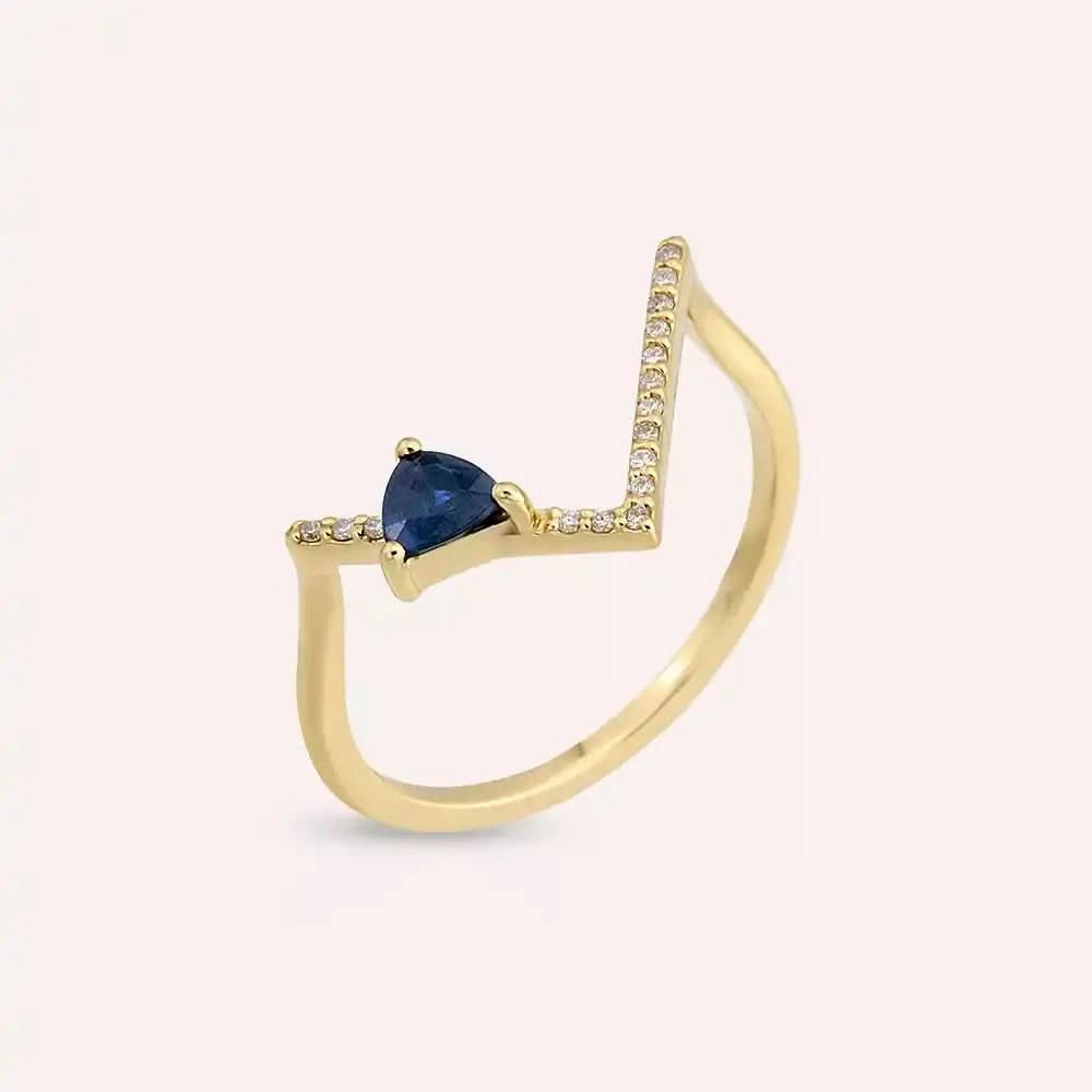 0.32 CT Pırlanta ve Safir Taşlı Sarı Altın V Yüzük