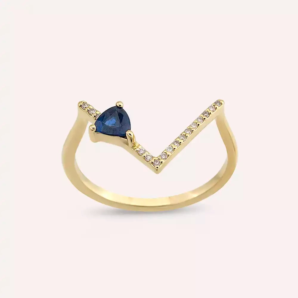 0.32 CT Pırlanta ve Safir Taşlı Sarı Altın V Yüzük