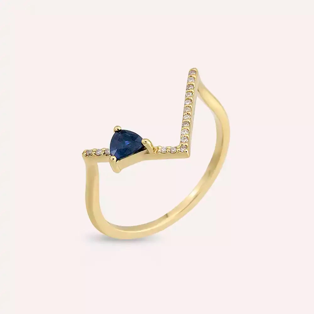 0.32 CT Pırlanta ve Safir Taşlı Sarı Altın V Yüzük