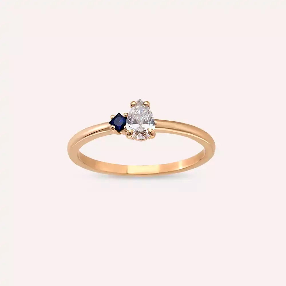 0.35 CT Damla Kesim Pırlanta ve Safir Taşlı Rose Altın Yüzük