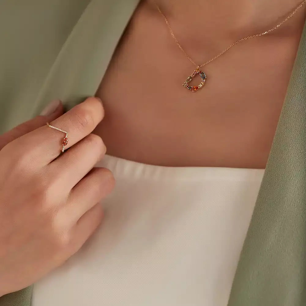 0.35 CT Orange Safir ve Pırlanta Taşlı V Yüzük