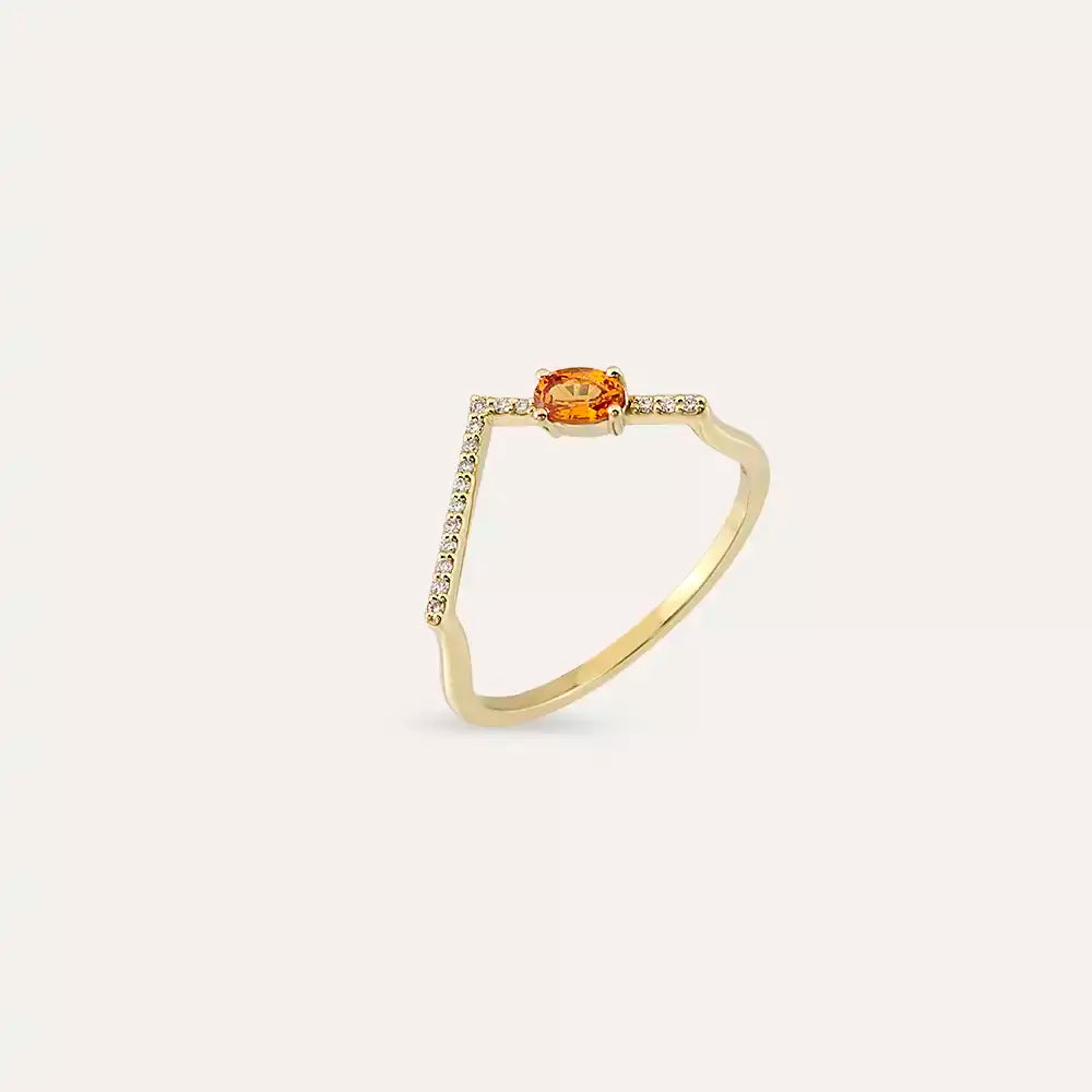 0.35 CT Orange Safir ve Pırlanta Taşlı V Yüzük