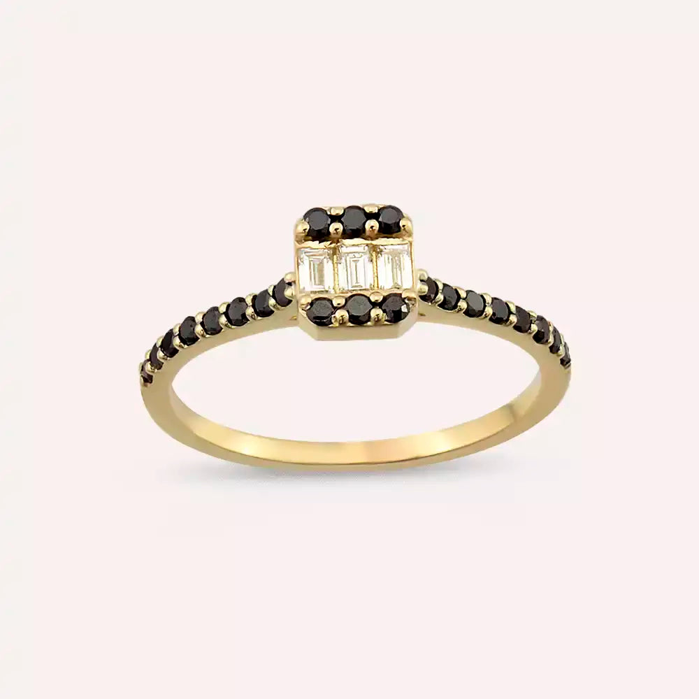 0.40 CT Siyah Pırlanta ve Baget Pırlanta Taşlı Sarı Altın Yüzük