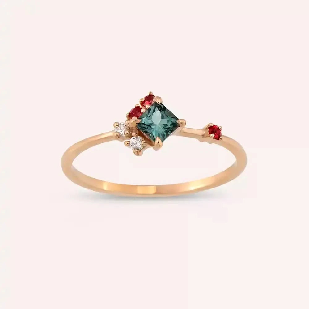 0.42 CT Pırlanta ve Multicolor Safir Taşlı Rose Altın Yüzük