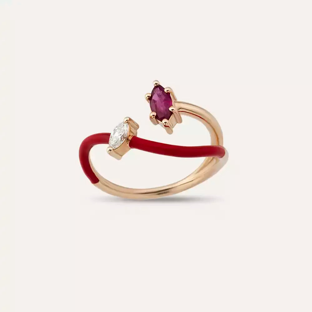 0.42 CT Yakut ve Pırlanta Taşlı Kırmızı Mineli Rose Altın Yüzük