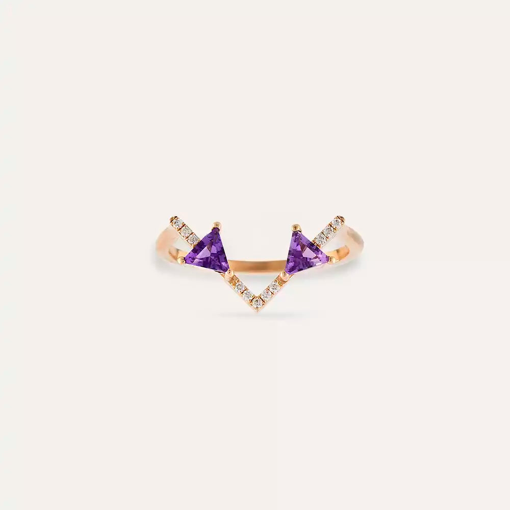 0.44 CT Pırlanta ve Ametist Taşlı Rose Altın V Yüzük
