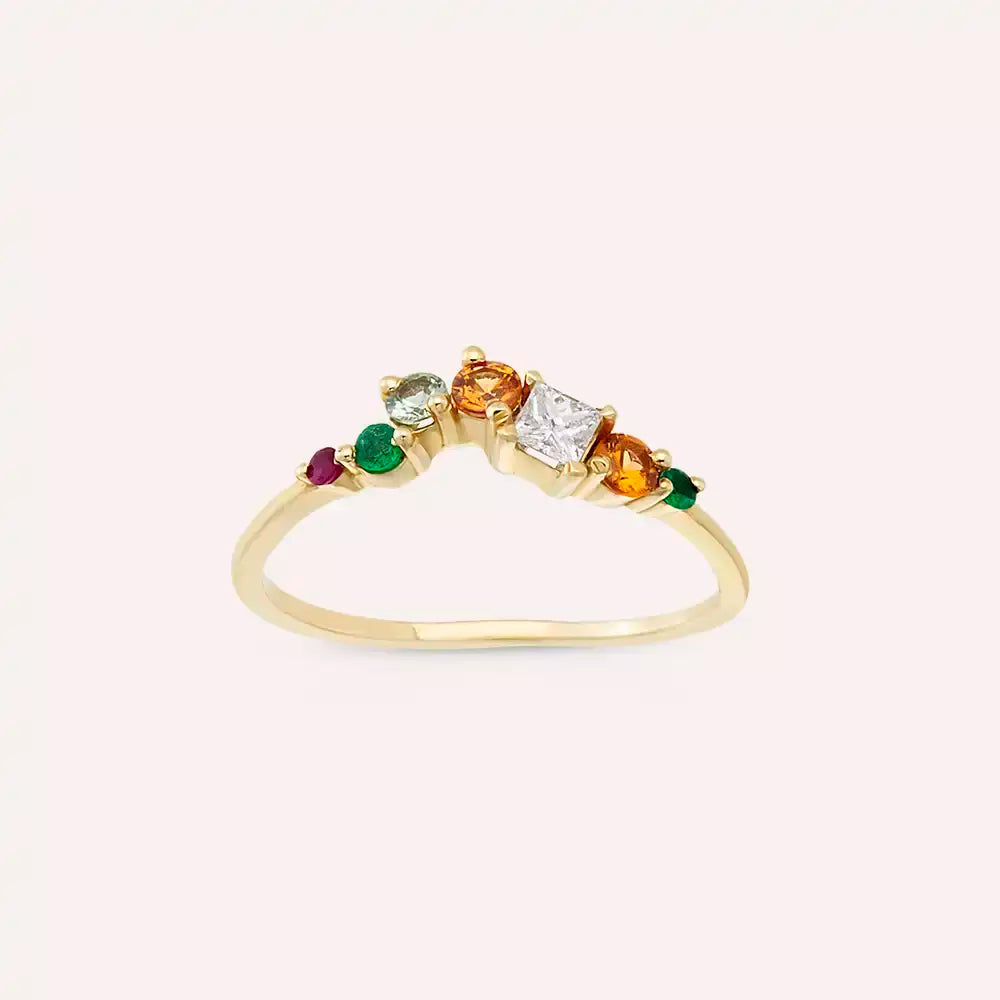 0.48 CT Zümrüt, Yakut ve Multicolor Safir Taşlı Sarı Altın Yüzük