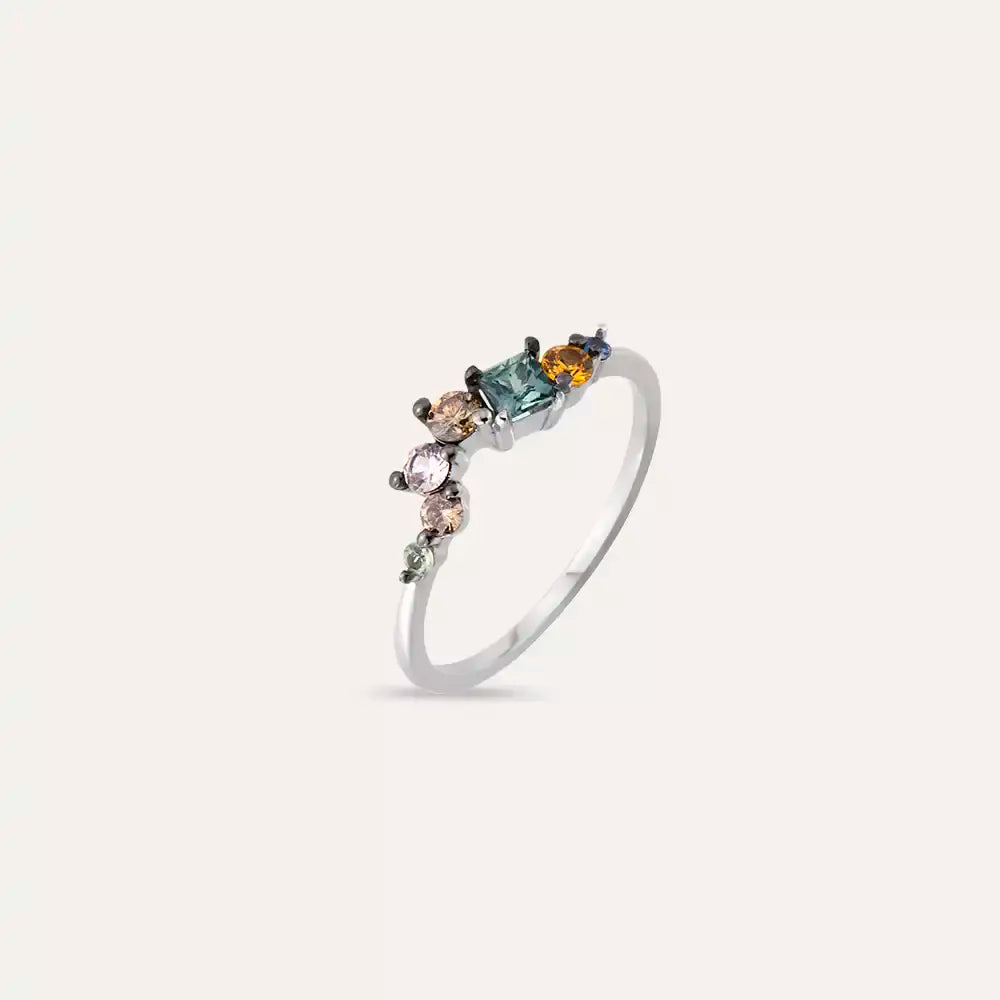 0.50 CT Brown Pırlanta ve Multicolor Safir Taşlı Beyaz Altın Yüzük