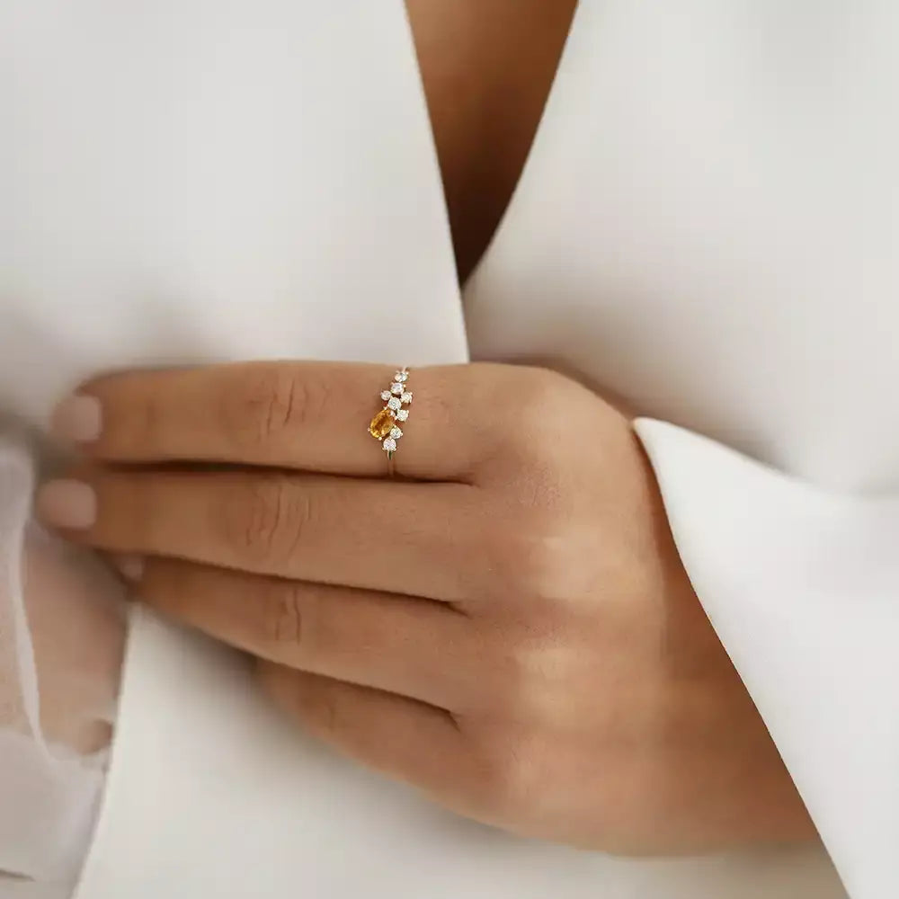 0.57 CT Golden Yellow Safir Pırlanta Taşlı Sarı Altın Yüzük