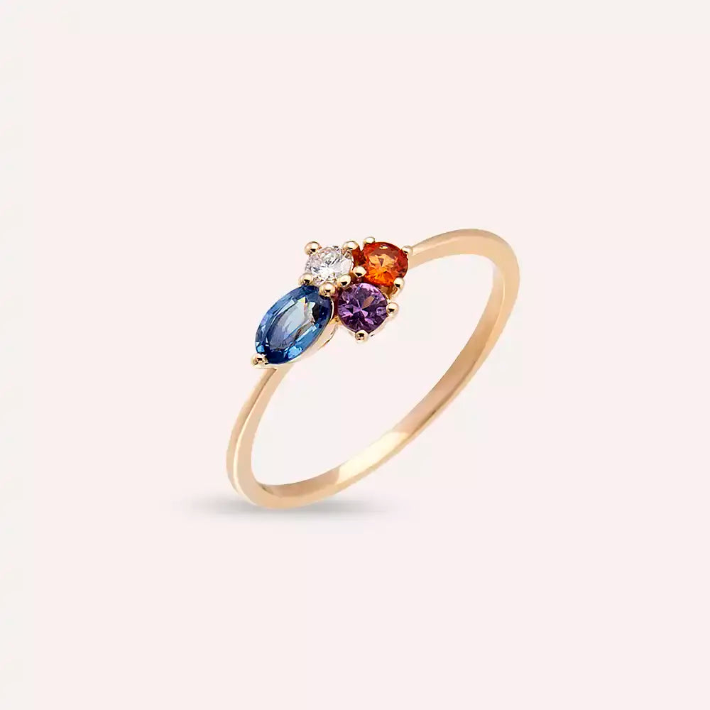 0.57 CT Multicolor Safir ve Pırlanta Taşlı Rose Altın Yüzük