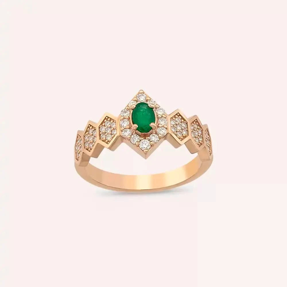 0.59 CT Zümrüt ve Pırlanta Taşlı Rose Altın Yüzük