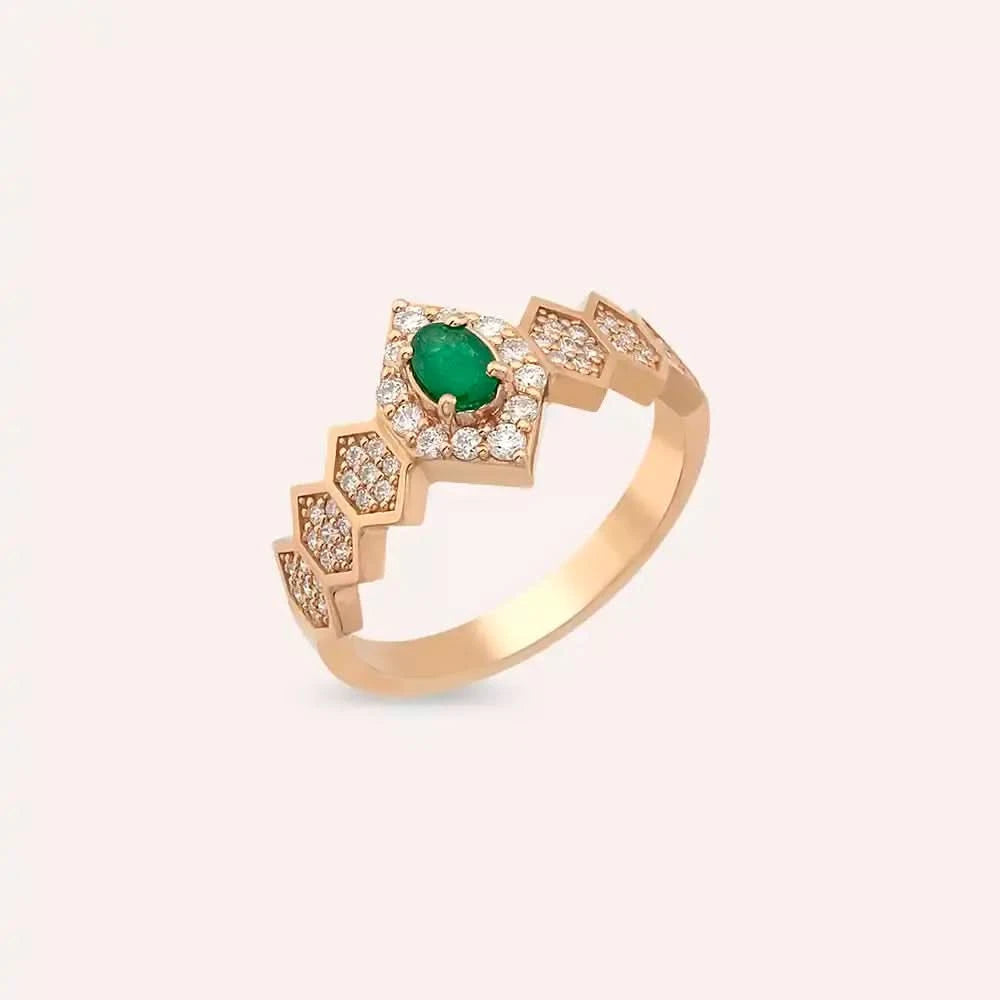 0.59 CT Zümrüt ve Pırlanta Taşlı Rose Altın Yüzük