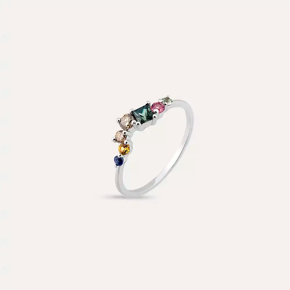 0.60 CT Multicolor Safir ve Brown Pırlanta Taşlı Beyaz Altın Yüzük