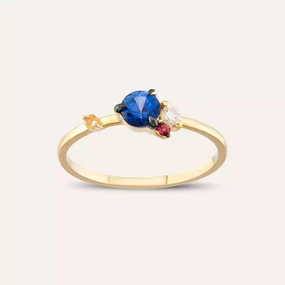 0.60 CT Multicolor Safir ve Pırlanta Taşlı Sarı Altın Yüzük