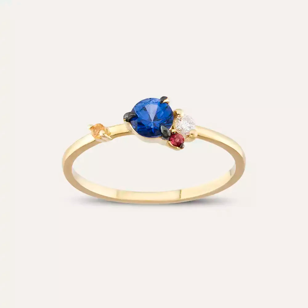 0.60 CT Multicolor Safir ve Pırlanta Taşlı Sarı Altın Yüzük