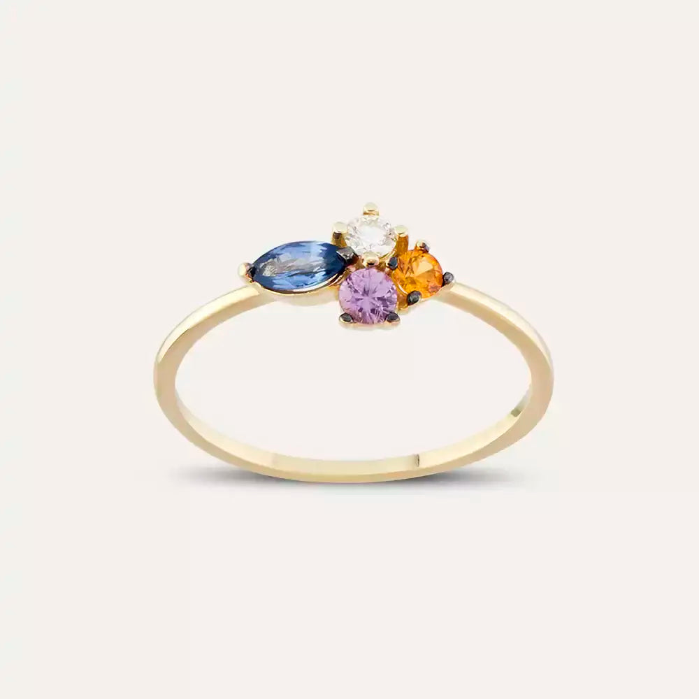 0.60 CT Multicolor Safir ve Pırlanta Taşlı Sarı Altın Yüzük