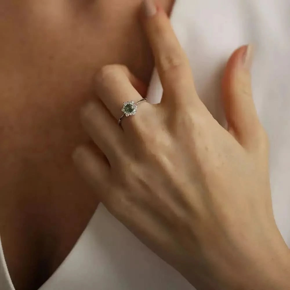 0.63 CT Green Safir ve Pırlanta Taşlı Beyaz Altın Yüzük