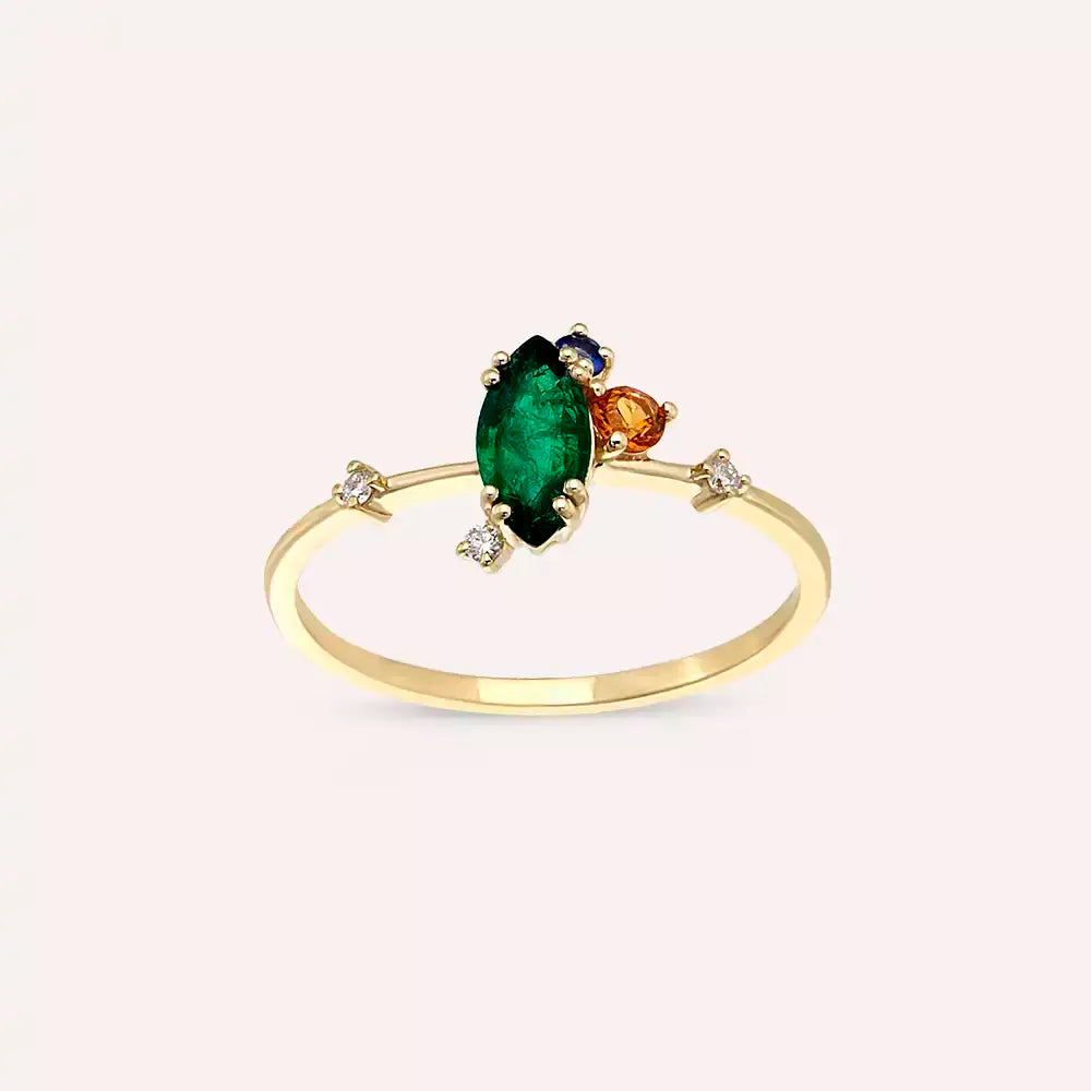 0.64 CT Multicolor Safir ve Zümrüt Taşlı Sarı Altın Yüzük