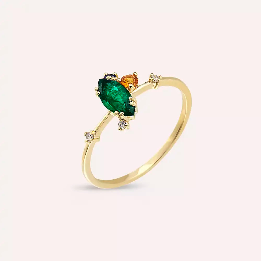 0.64 CT Multicolor Safir ve Zümrüt Taşlı Sarı Altın Yüzük