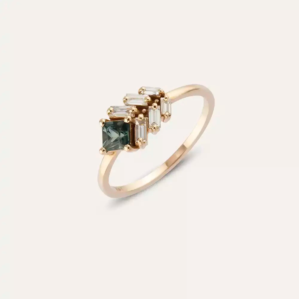 0.68 CT Green Safir ve Baget Pırlanta Taşlı Rose Altın Yüzük