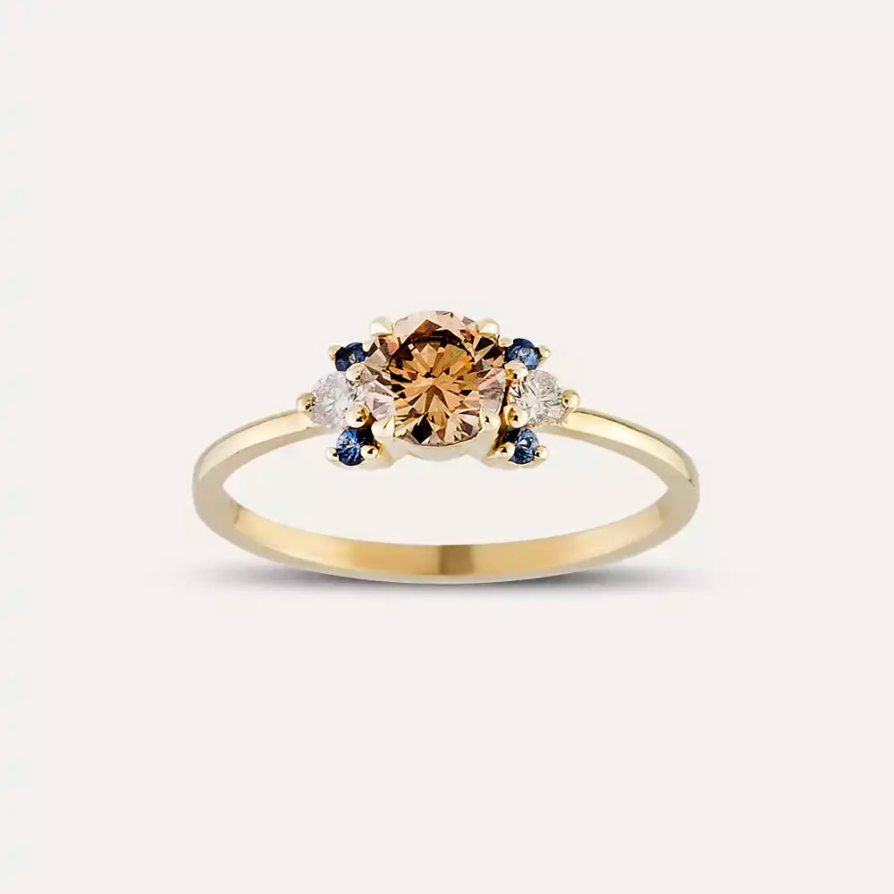 0.69 CT Multicolor Safir ve Brown Pırlanta Taşlı Sarı Altın Yüzük