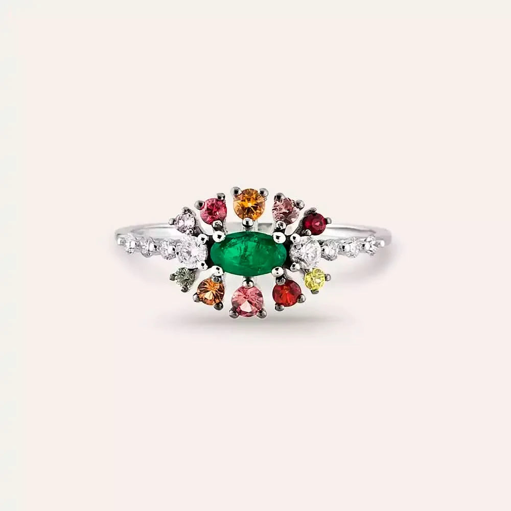 0.73 CT Multicolor Safir ve Zümrüt Taşlı Beyaz Altın Yüzük