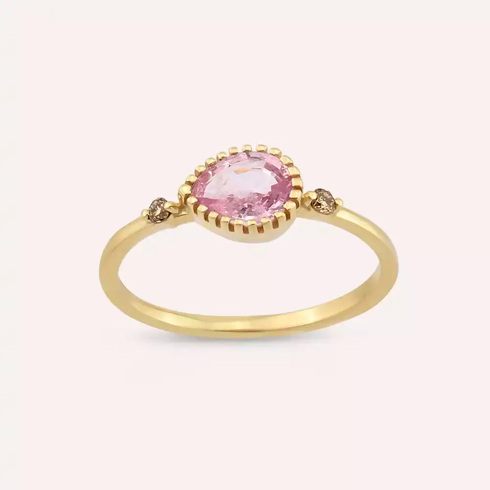 0.82 CT Pink Safir ve Brown Pırlanta Taşlı Sarı Altın Yüzük