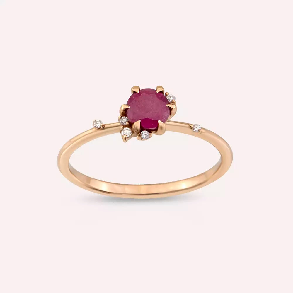 0.82 CT Yakut ve Pırlanta Taşlı Rose Altın Yüzük