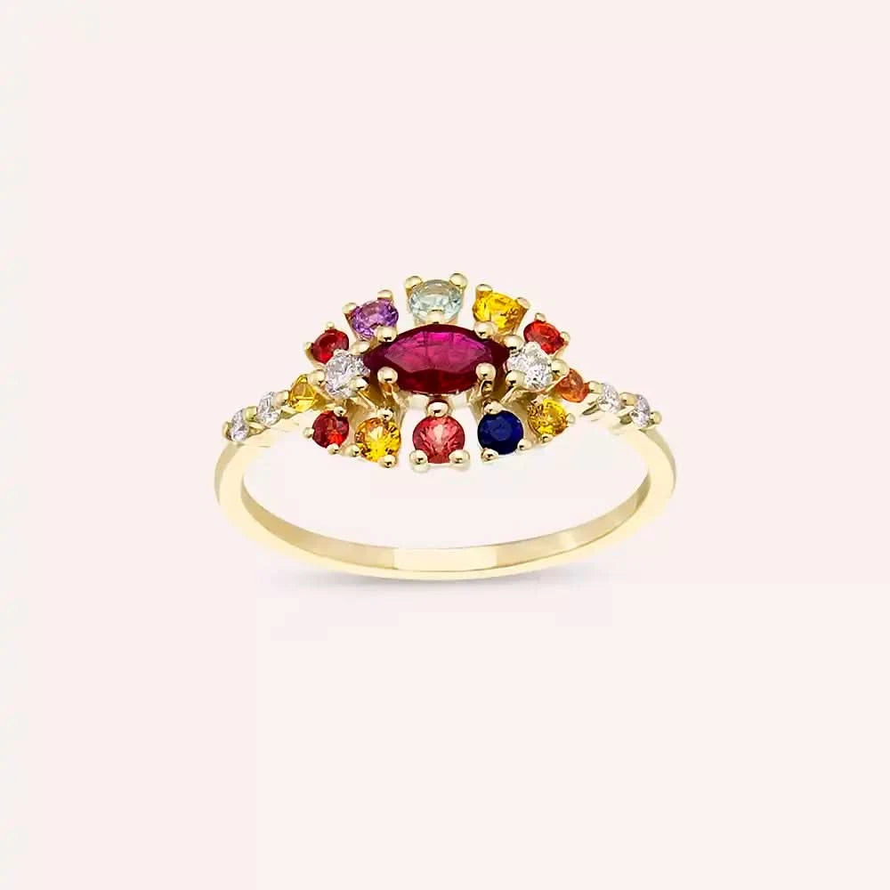 0.83 CT Multicolor Safir, Yakut ve Pırlanta Taşlı Sarı Altın Yüzük