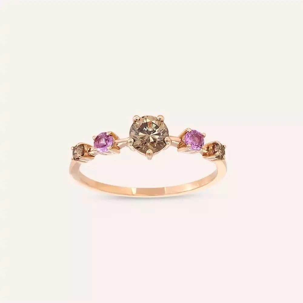 0.84 CT Brown Pırlanta ve Pink Safir Taşlı Rose Altın Yüzük