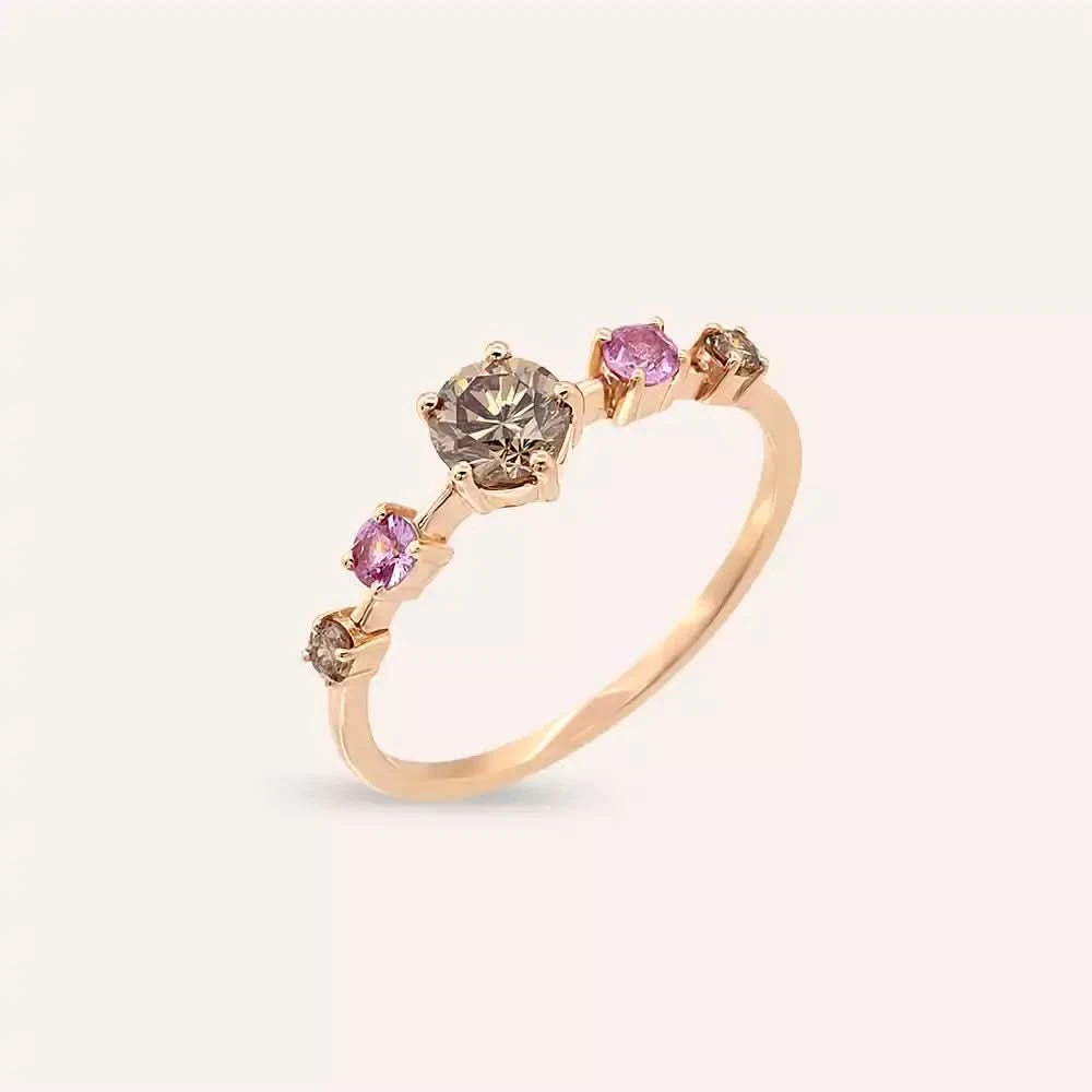 0.84 CT Brown Pırlanta ve Pink Safir Taşlı Rose Altın Yüzük