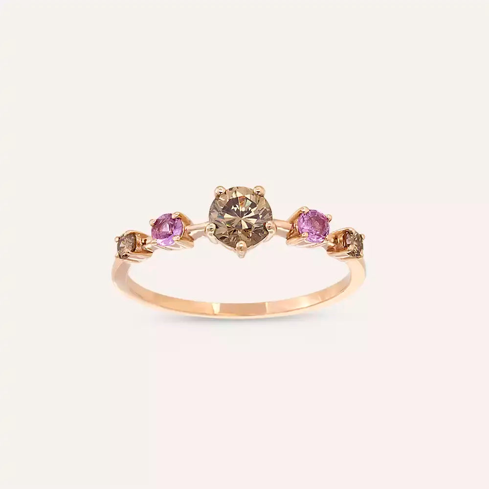 Chroma 0.84 CT Brown Pırlanta ve Pink Safir Taşlı Rose Altın Yüzük