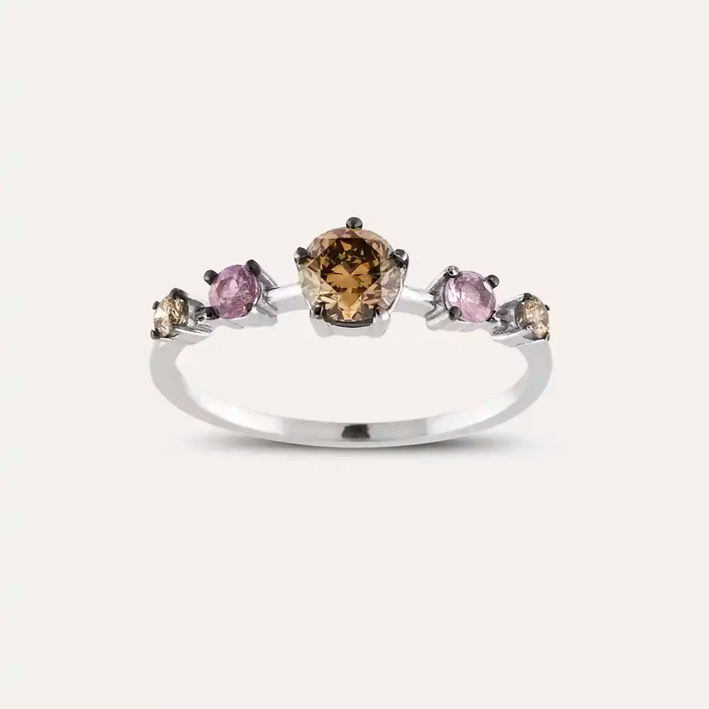 0.85 CT Brown Pırlanta ve Pink Safir Taşlı Beyaz Altın Yüzük