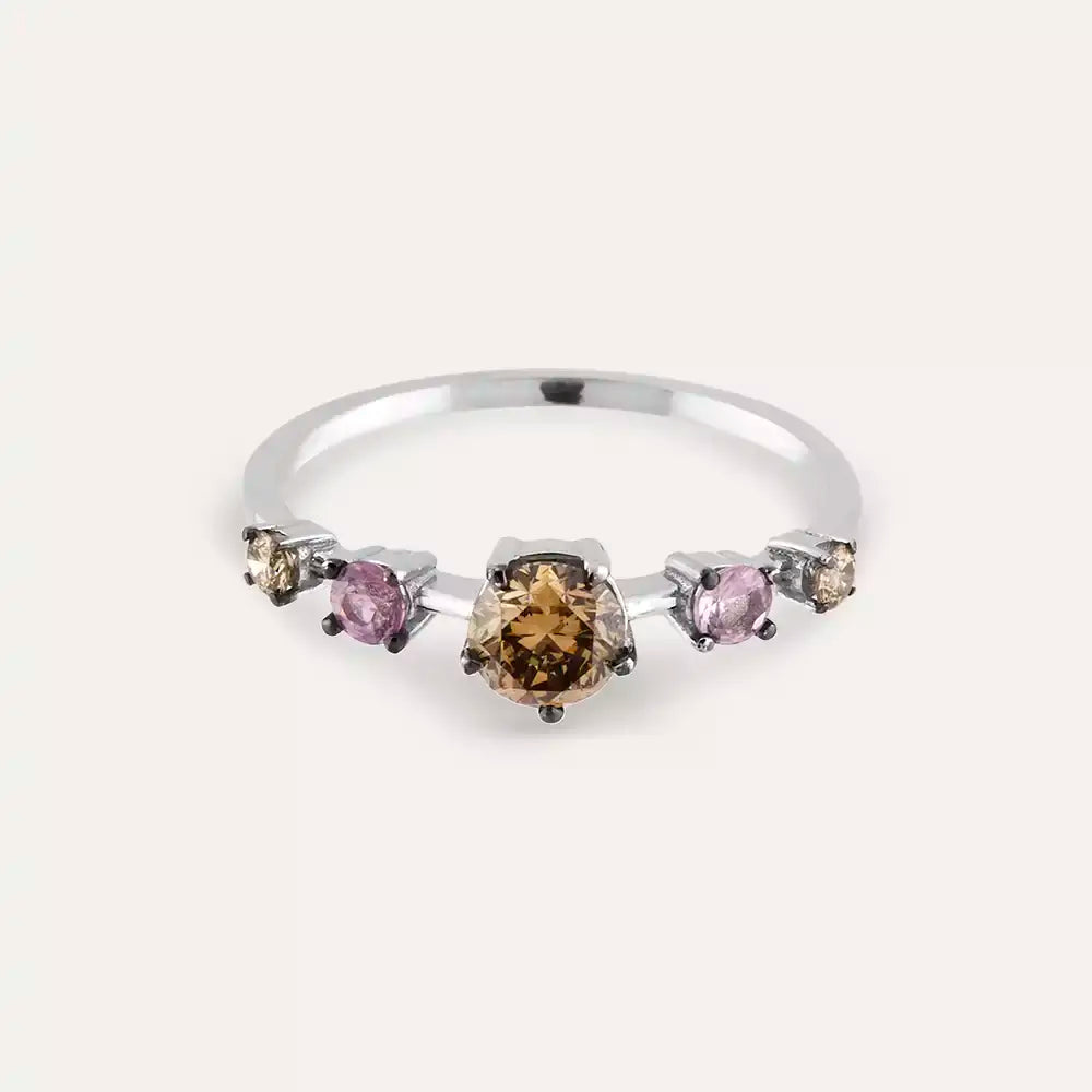 Chroma 0.85 CT Brown Pırlanta ve Pink Safir Taşlı Beyaz Altın Yüzük