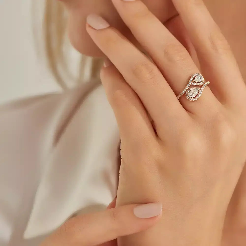 0.88 CT Damla Pırlanta Taşlı Rose Altın Yüzük