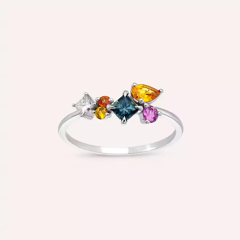 Lily 0.88 CT Multicolor Safir ve Pırlanta Taşlı Beyaz Altın Yüzük
