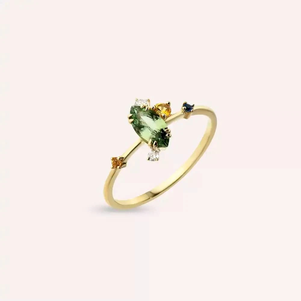 0.88 CT Multicolor Safir ve Pırlanta Taşlı Sarı Altın Yüzük