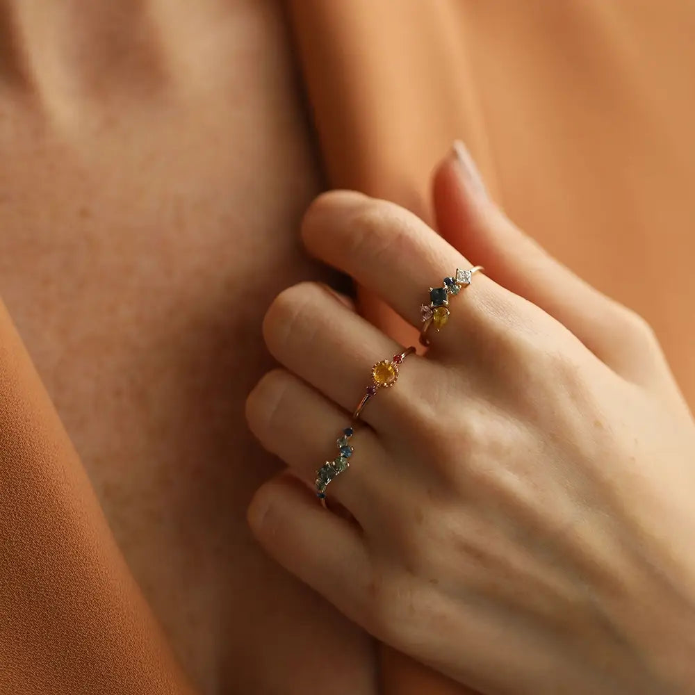 Candy 0.88 CT Multicolor Safir ve Pırlanta Taşlı Sarı Altın Yüzük