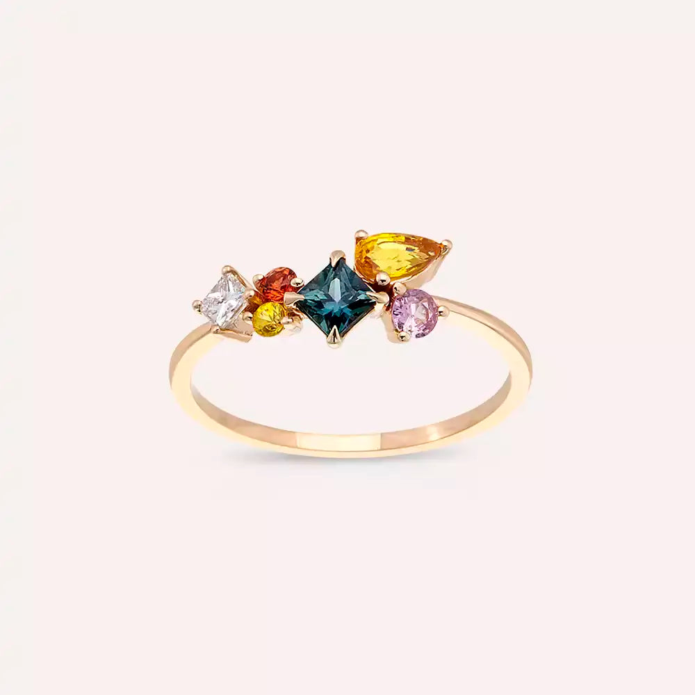 0.91 CT Multicolor Safir ve Pırlanta Taşlı Rose Altın Yüzük